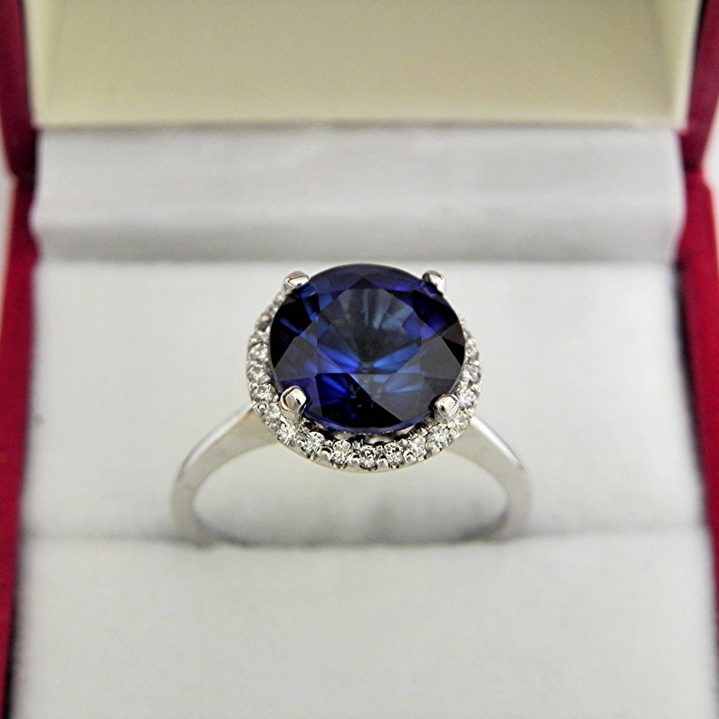 2 CT Round Cut Blue Sapphire Diamond 925 Sterling Silver Halo Anniversary Ring