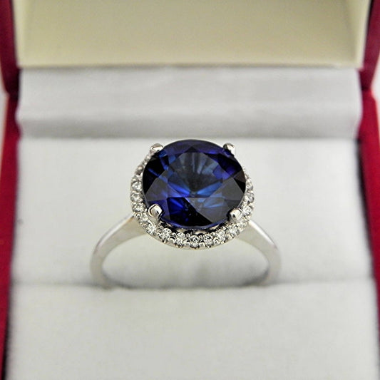 2 CT Round Cut Blue Sapphire Diamond 925 Sterling Silver Halo Anniversary Ring