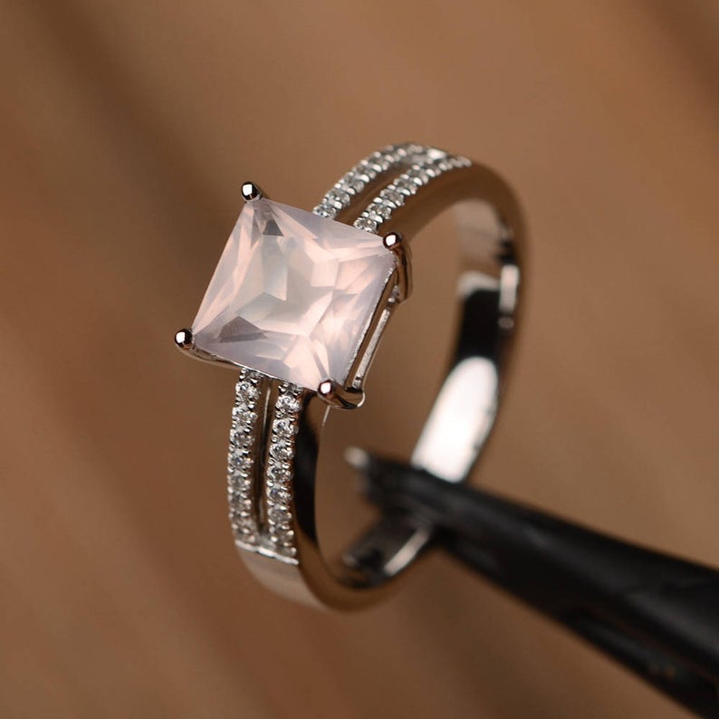 1.75 Ct Princess Cut Pink Quartz 925 Sterling Silver Split Shank Anniversary Gift Ring