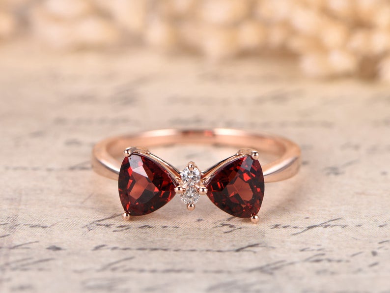 1.50 Ct Trillion Cut Red Garnet Rose Gold Over On 925 Sterling Silver Bow Style Promise Gift Ring