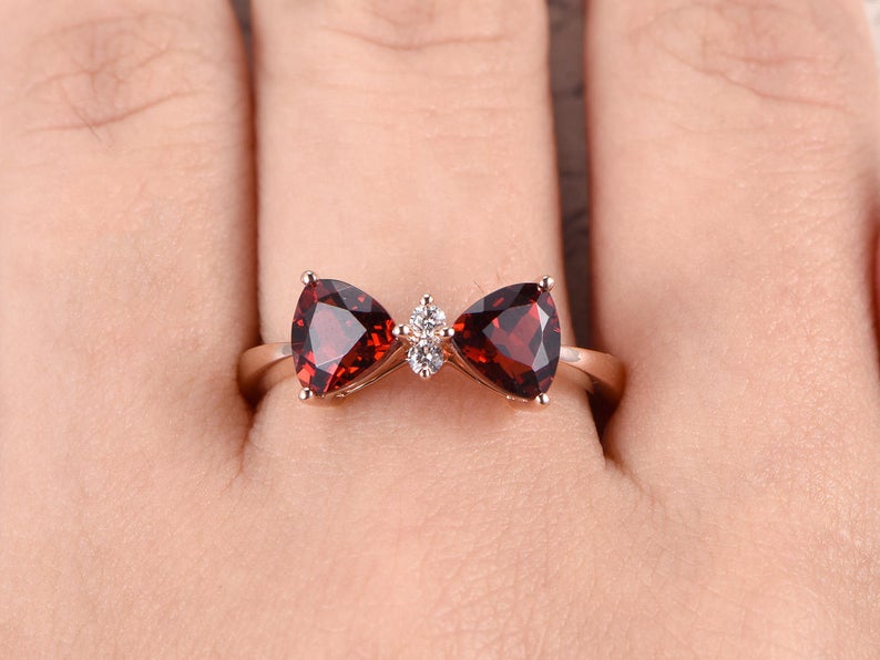1.50 Ct Trillion Cut Red Garnet Rose Gold Over On 925 Sterling Silver Bow Style Promise Gift Ring