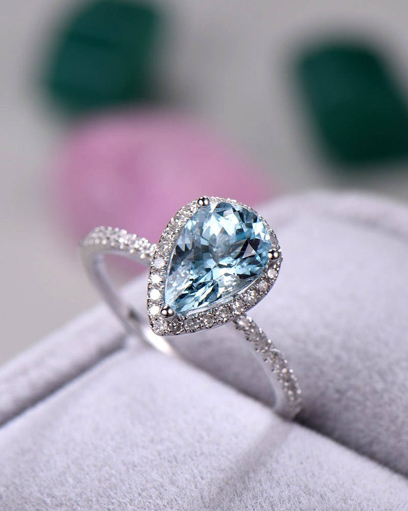 2.25 Ct Pear Cut Blue Aquamarine White Gold Finish 925 Sterling Silver Halo Engagement Ring