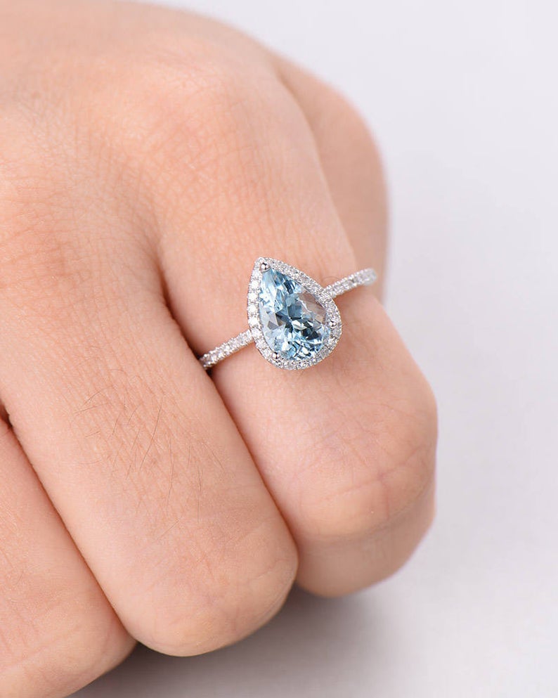 2.25 Ct Pear Cut Blue Aquamarine White Gold Finish 925 Sterling Silver Halo Engagement Ring