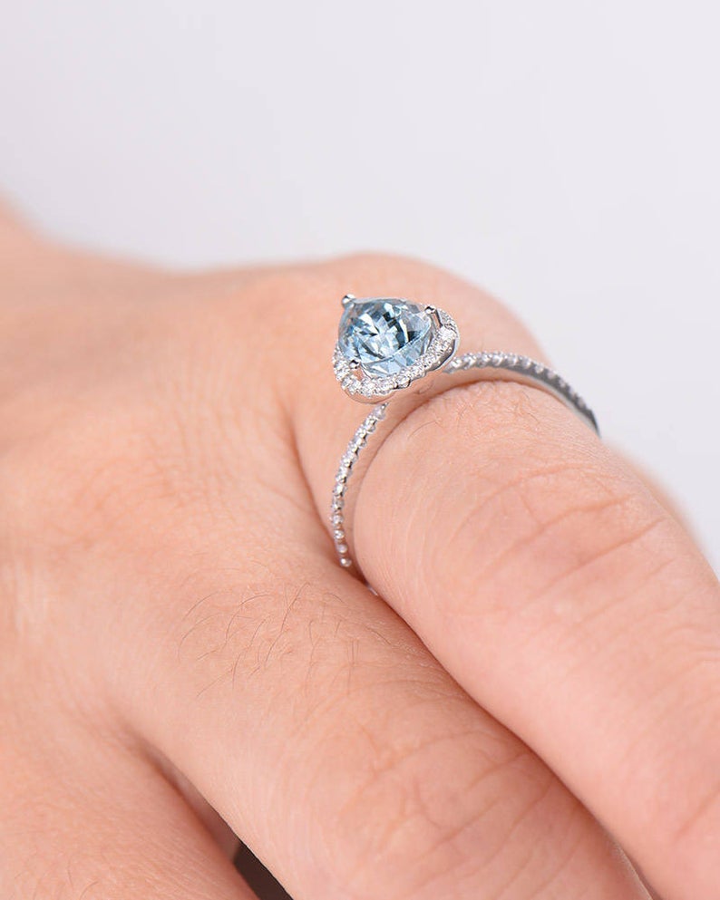 2.25 Ct Pear Cut Blue Aquamarine White Gold Finish 925 Sterling Silver Halo Engagement Ring