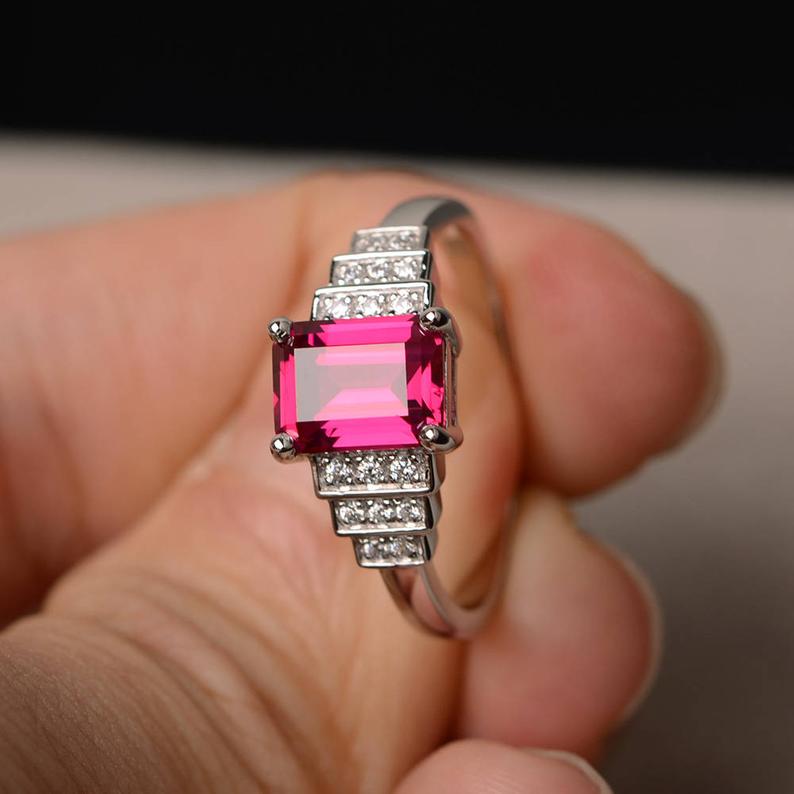 2.10 Ct Emerald Cut Red Ruby Solitaire W/Accents Engagement Ring In 925 Sterling Silver - atjewels.in