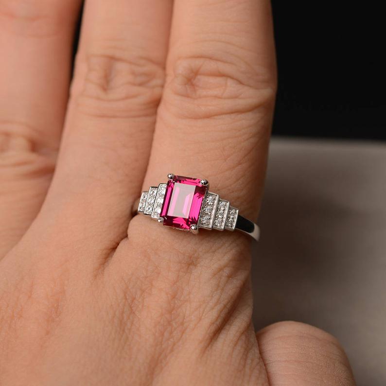 2.10 Ct Emerald Cut Red Ruby Solitaire W/Accents Engagement Ring In 925 Sterling Silver - atjewels.in