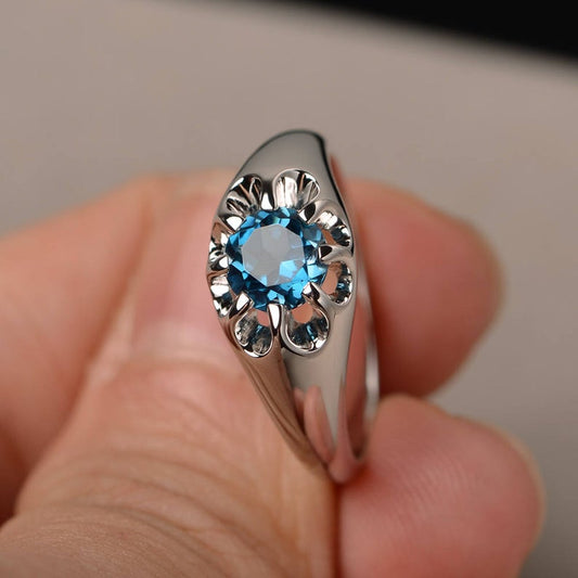 1.00 Ct Round Cut London blue Topaz Unique Floral Style Ring In 925 Sterling Silver
