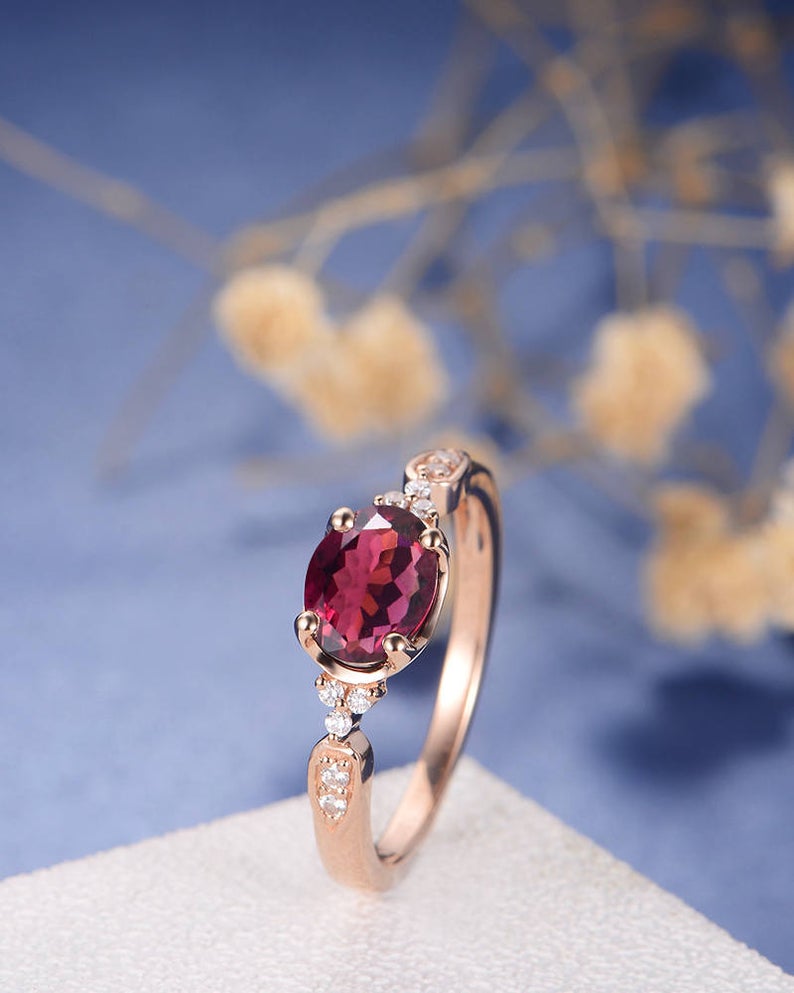 1.25 Ct Oval Cut Red Ruby Rose Gold Over On 925 Sterling Silver Solitaire W/Accents Engagement Ring