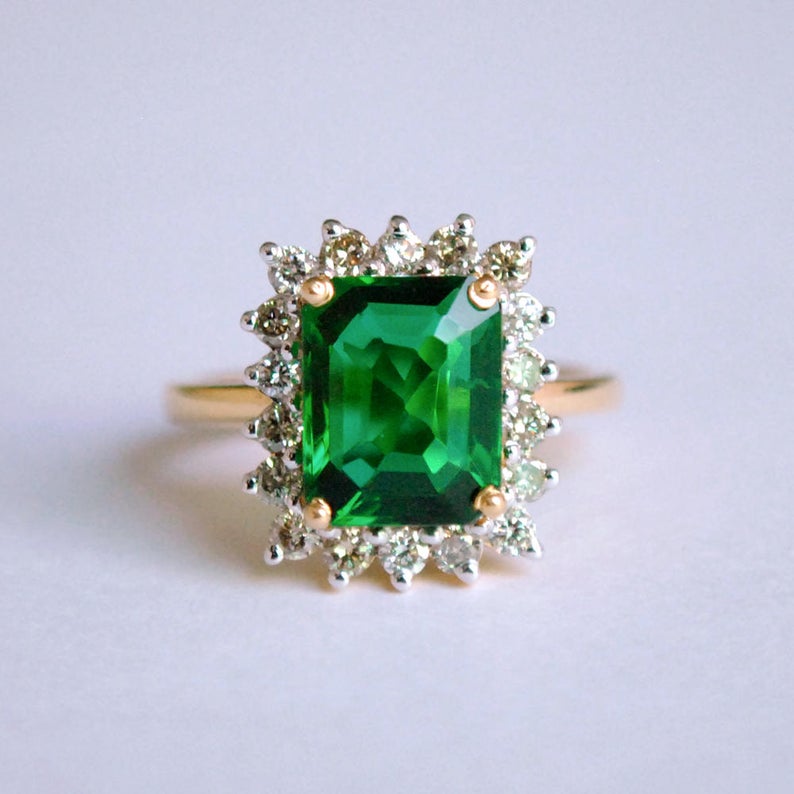 1 CT Emerald Cut Green Emerald Diamond 925 Sterling Silver Halo Engagement Ring