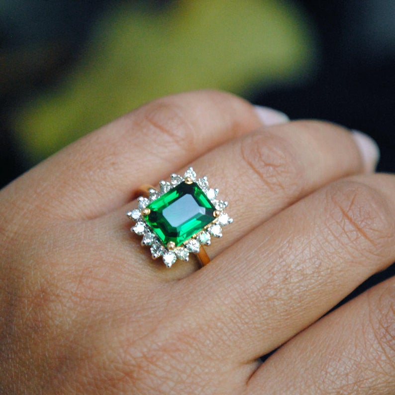 1 CT Emerald Cut Green Emerald Diamond 925 Sterling Silver Halo Engagement Ring