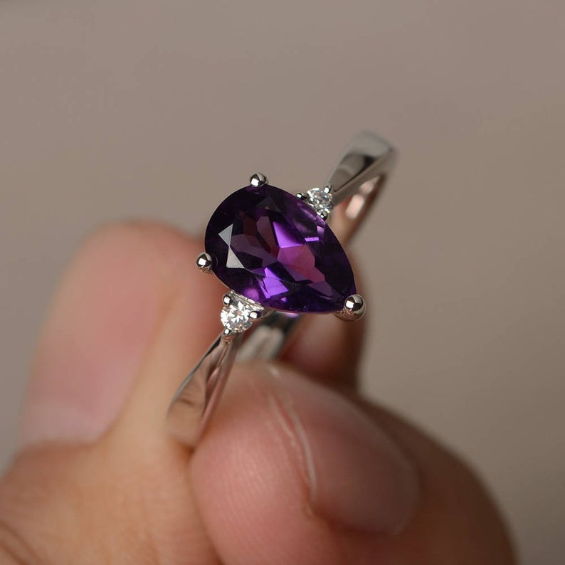 1.20 Ct Pear Cut Purple Amethyst 925 Sterling Silver Three-Stone Promise Gift Ring