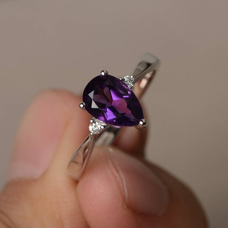 1.20 Ct Pear Cut Purple Amethyst Three-Stone Promise Gift Ring In 925 Sterling Silver