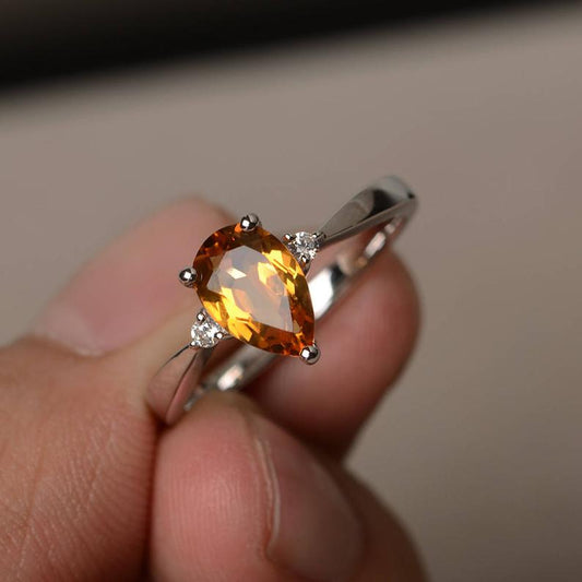 1.20 Ct Pear Cut Yellow Citrine & Round CZ 925 Sterling Silver Three-Stone Promise Ring