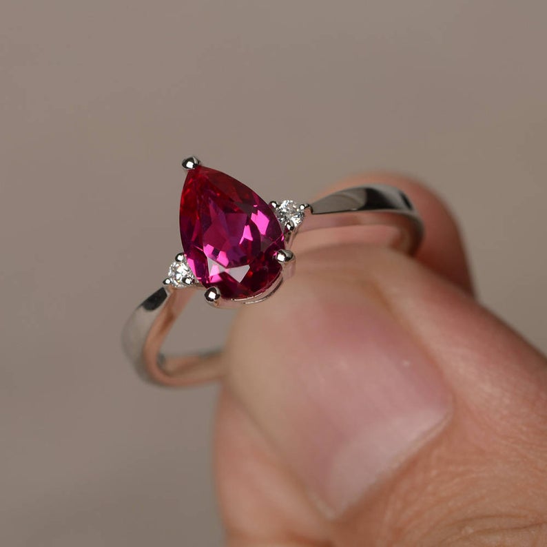 1.25 Ct Pear Cut Red Ruby 925 Sterling Silver Three-Stone Proposal Ring For Her