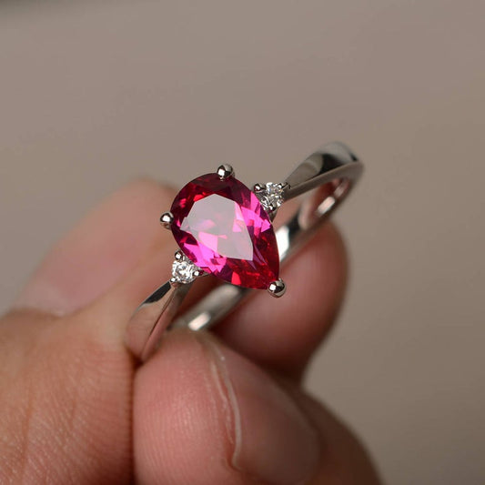 1.00 Ct Pear Cut Pink Ruby Diamond 925 Sterling Silver Three-Stone Promise Ring For Her