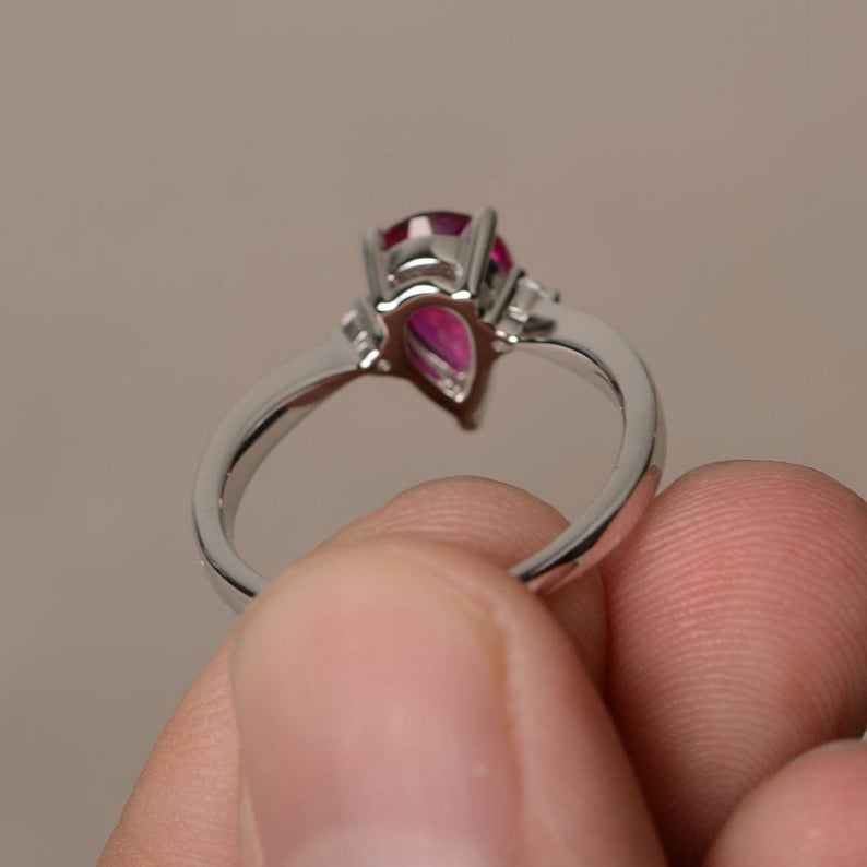 1.25 Ct Pear Cut Red Ruby 925 Sterling Silver Three-Stone Proposal Ring For Her