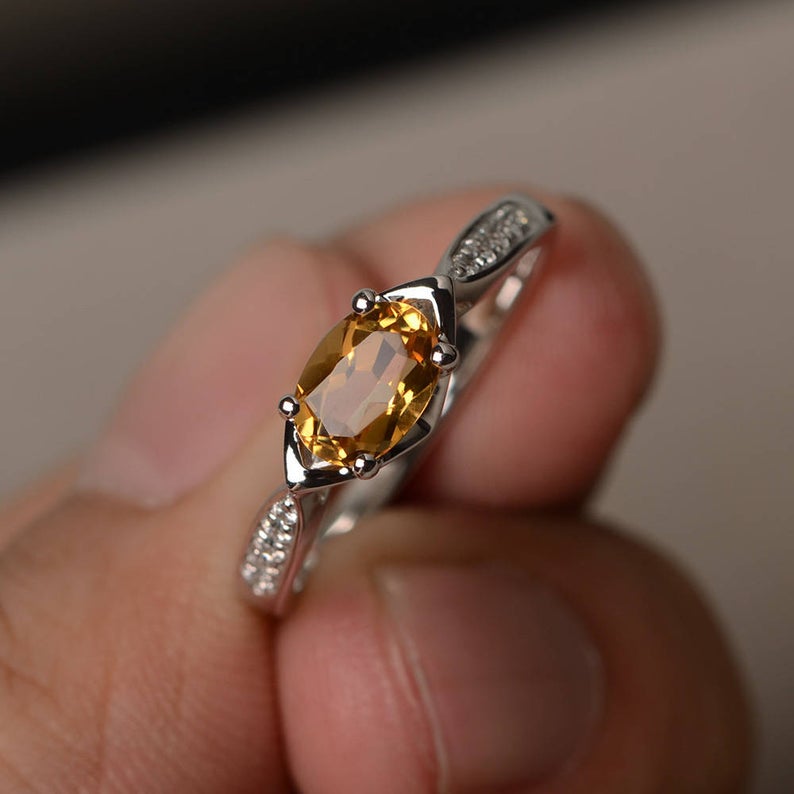 1.25 Ct Oval Cut Yellow Citrine 925 Sterling Silver Solitaire W/Accents Promise Ring