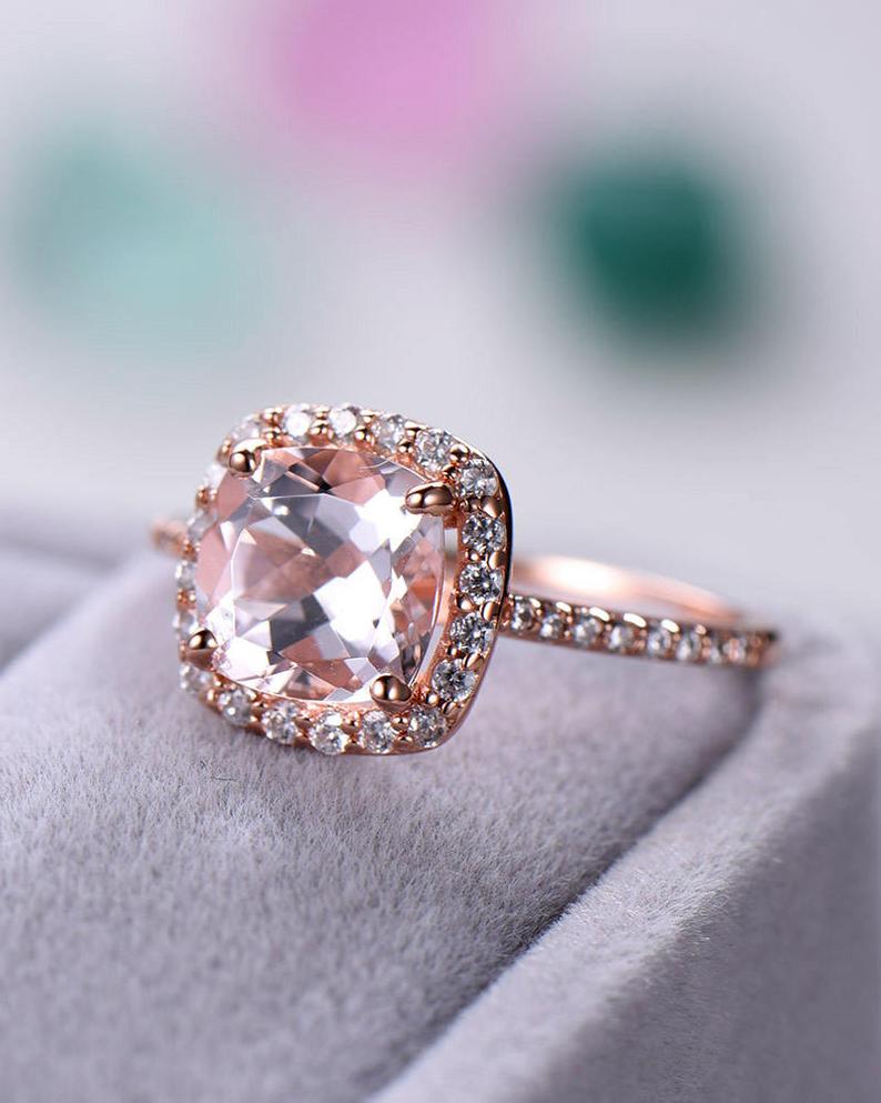 2 CT Cushion Cut Morganite CZ Diamond 925 Sterling Silver Halo Women Promise Gift Ring