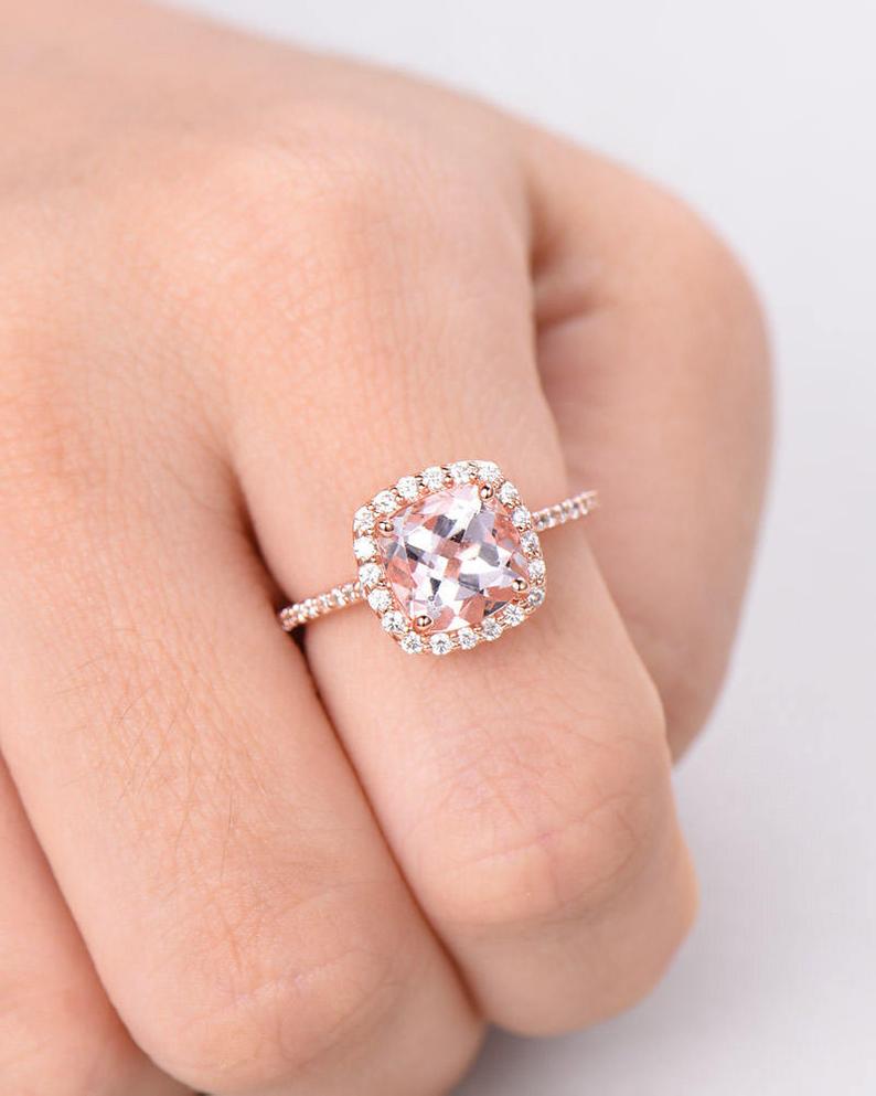 2 CT Cushion Cut Morganite CZ Diamond 925 Sterling Silver Halo Women Promise Gift Ring