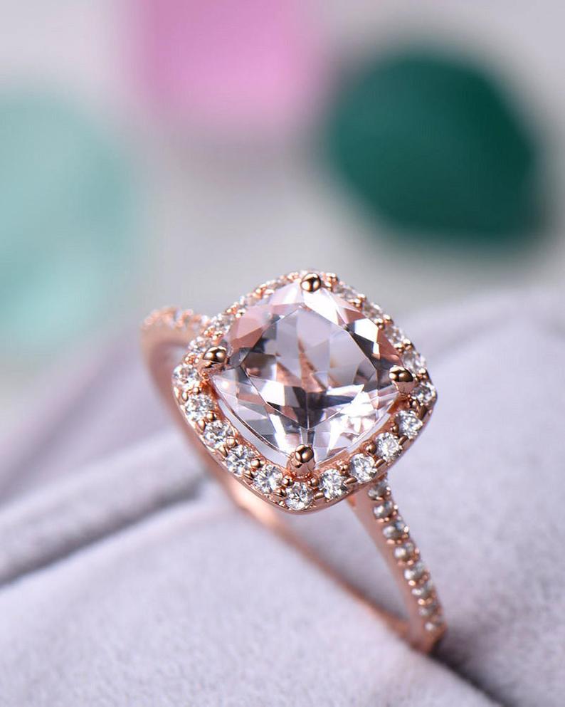 2 CT Cushion Cut Morganite CZ Diamond 925 Sterling Silver Halo Women Promise Gift Ring