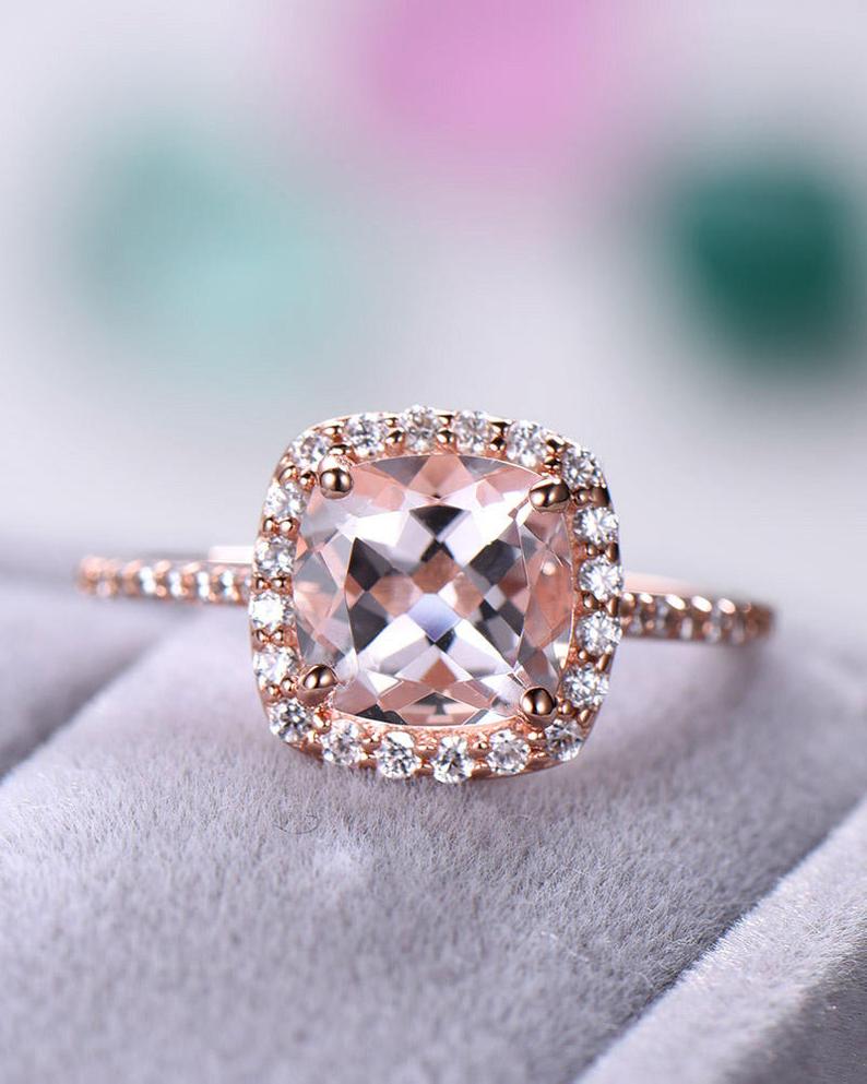 2 CT Cushion Cut Morganite CZ Diamond 925 Sterling Silver Halo Women Promise Gift Ring
