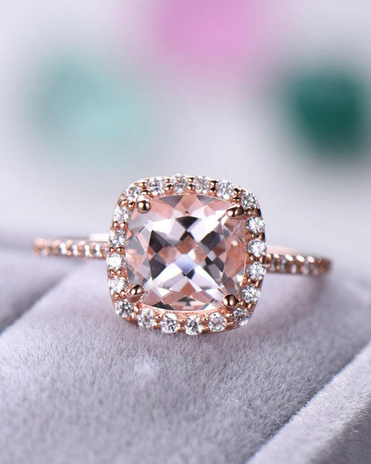 2 CT Cushion Cut Morganite CZ Diamond 925 Sterling Silver Halo Women Promise Gift Ring