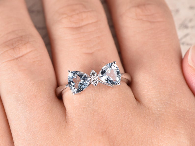 1.50 Ct Trillion Cut Aquamarine 925 Sterling Silver Bow Style Promise Gift Ring For Her