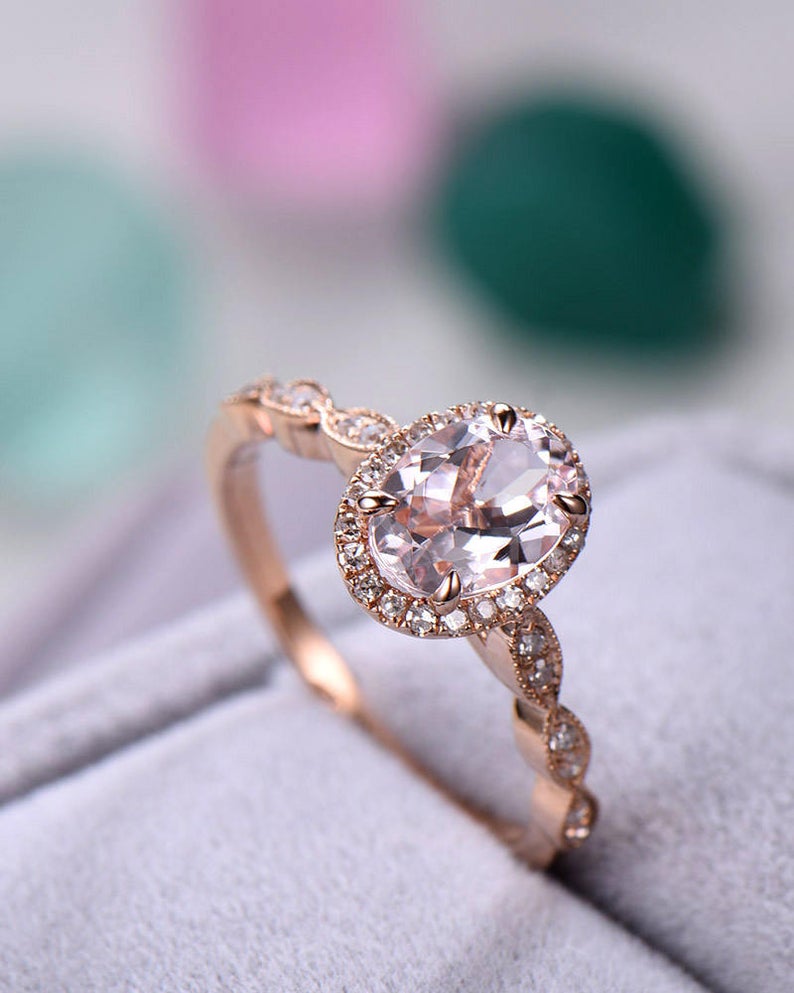 1 CT Oval Cut Pink Morganite Diamond Rose Gold Over On 925 Sterling Silver Halo Engagement Ring