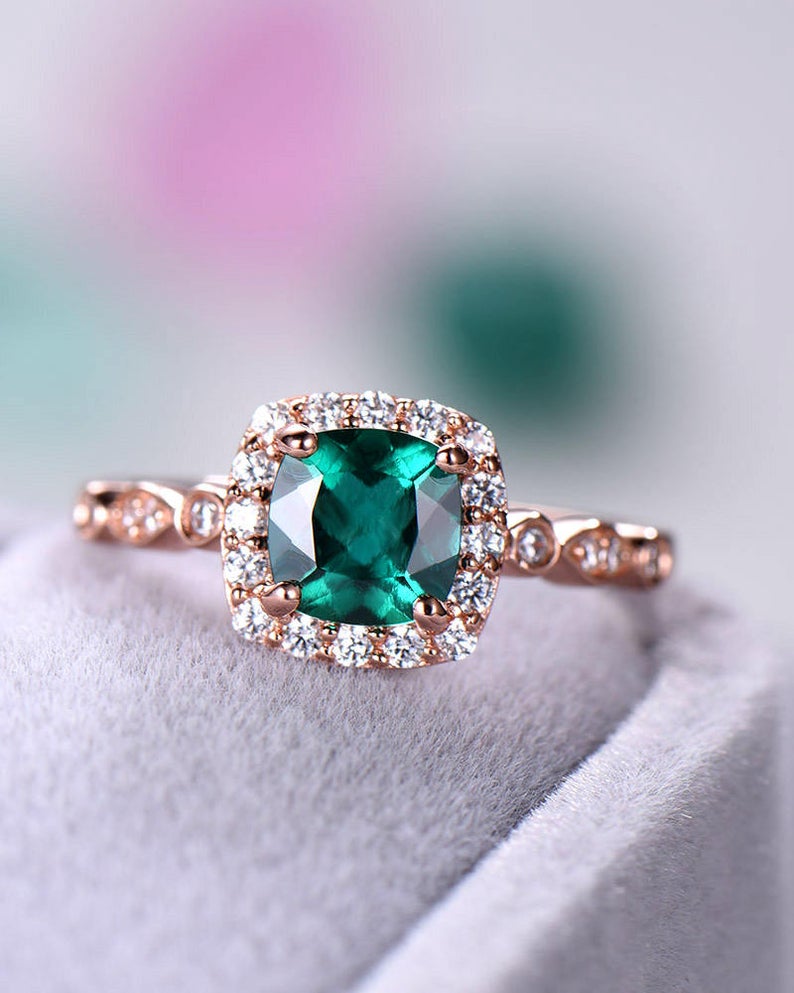 2 CT Cushion Cut Green Emerald Diamond 925 Sterling Silver Halo Women Wedding Rings