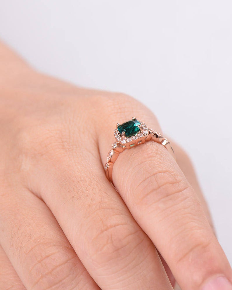 2 CT Cushion Cut Green Emerald Diamond 925 Sterling Silver Halo Women Wedding Rings