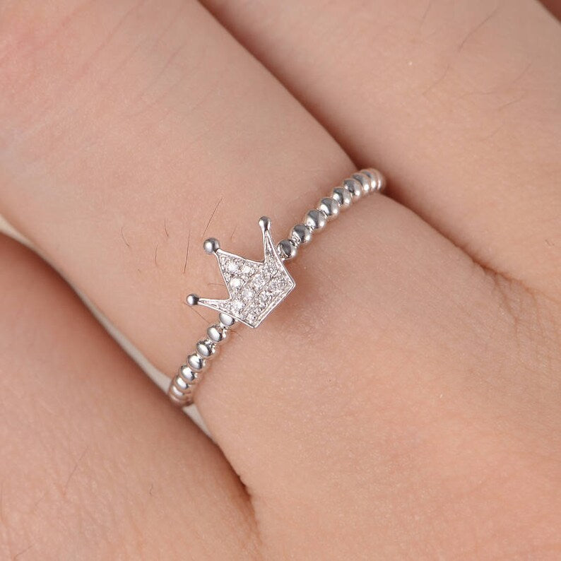 0.25 CT Round Cut Diamond White Gold Over  On 925 Sterling Silver Crown Ring