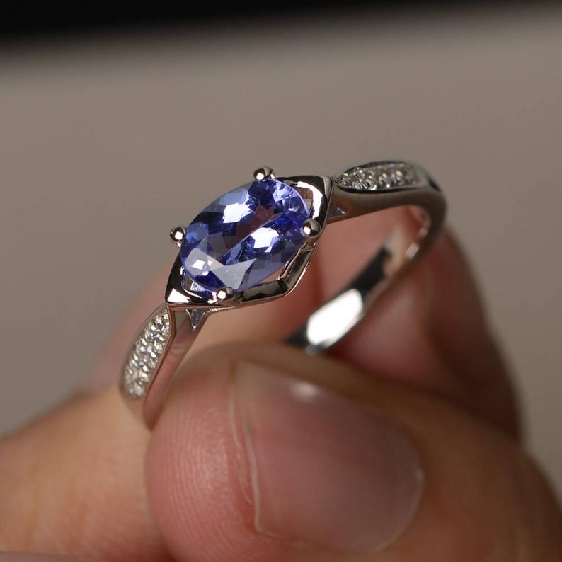 1.20 Ct Oval Cut Blue Tanzanite 925 Sterling Silver Solitaire W/Accents Promise Ring