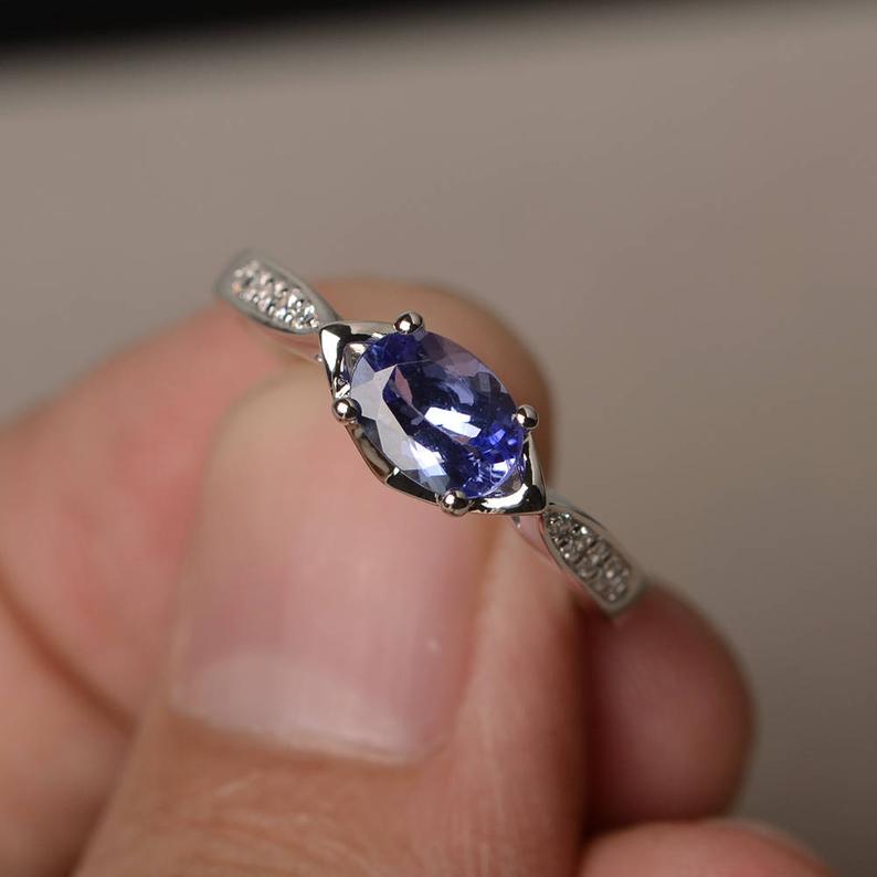 1.20 Ct Oval Cut Blue Tanzanite 925 Sterling Silver Solitaire W/Accents Promise Ring