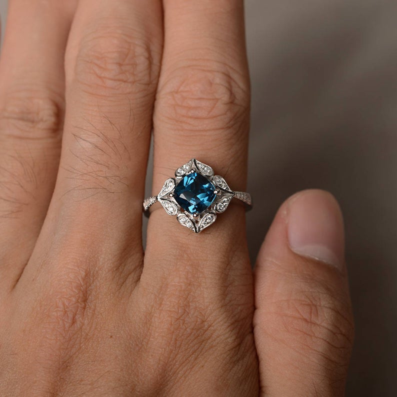 1.75 Ct Cushion Cut London Blue Topaz 925 Sterling Silver Floral Engagement Wedding Ring