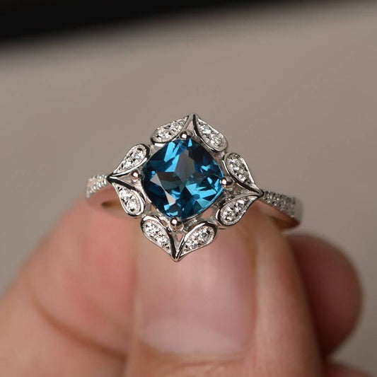 1.75 Ct Cushion Cut London Blue Topaz 925 Sterling Silver Floral Engagement Wedding Ring