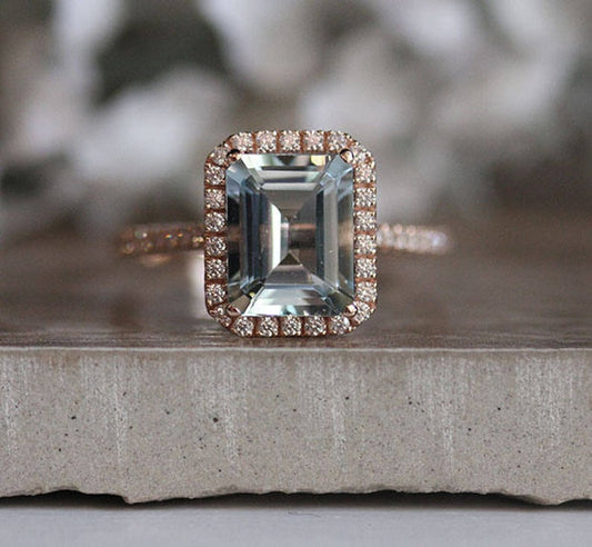 3 CT Emerald Cut Aquamarine Diamond 925 Sterling Silver Halo Wedding Ring