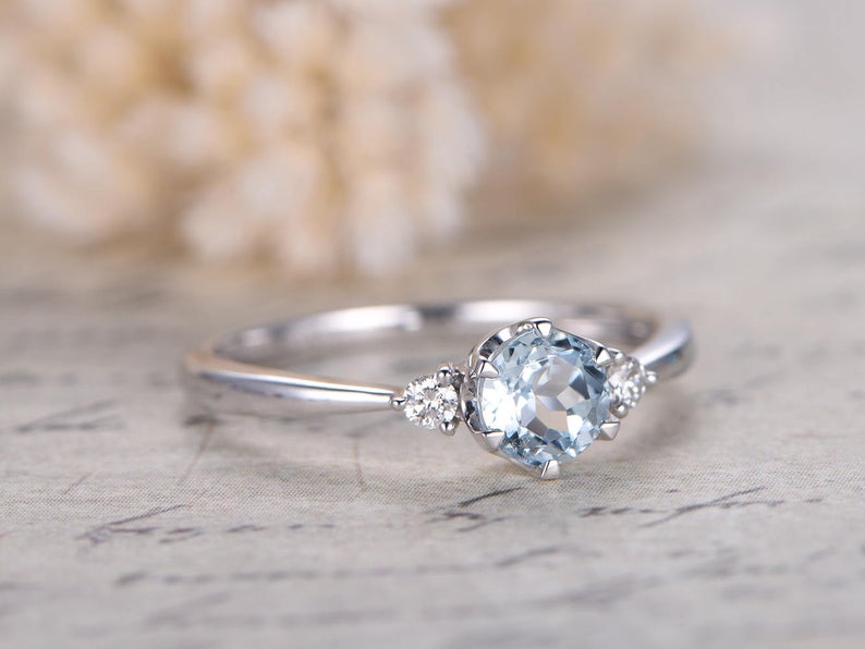 1.00 Ct Round Cut Aquamarine & White CZ Three-Stone Promise Ring In 925 Sterling Silver