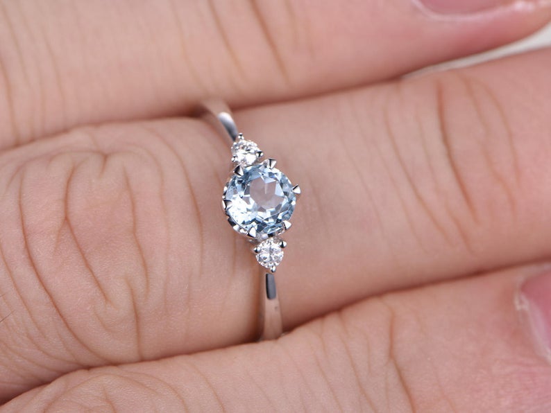 1.00 Ct Round Cut Aquamarine & White CZ Three-Stone Promise Ring In 925 Sterling Silver