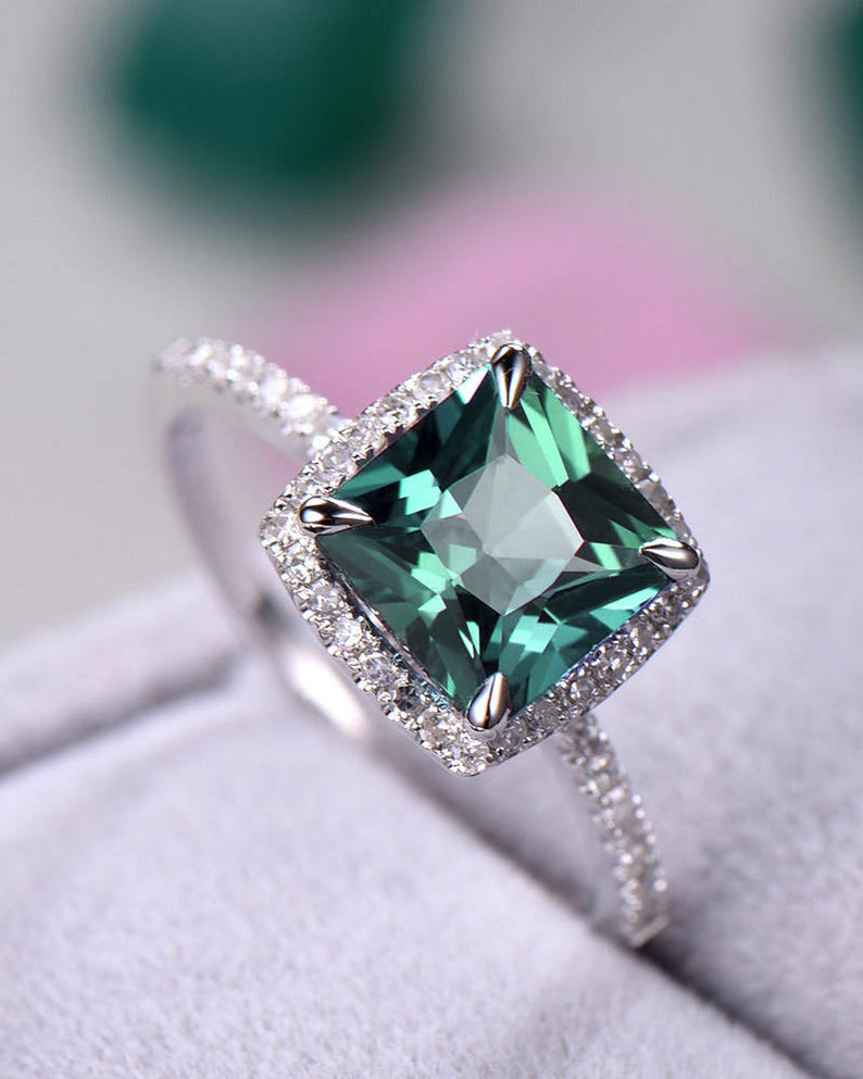 2.75 Ct Cushion Cut Green Emerald 925 Sterling Silver Halo Anniversary Gift Ring