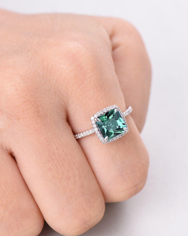 2.75 Ct Cushion Cut Green Emerald 925 Sterling Silver Halo Anniversary Gift Ring