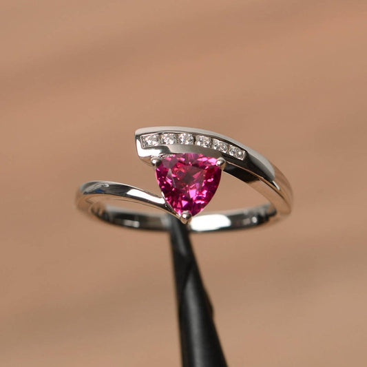 1.20 Ct Trillion Cut Pink Ruby Diamond Solitaire W/Accents Ring In 925 Sterling Silver