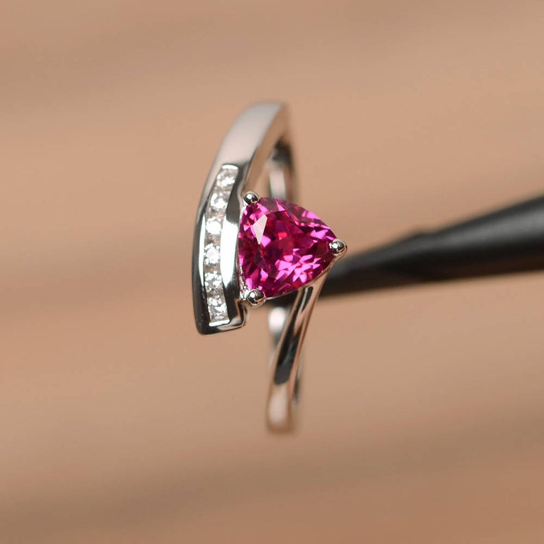 1.20 Ct Trillion Cut Pink Ruby Diamond Solitaire W/Accents Ring In 925 Sterling Silver