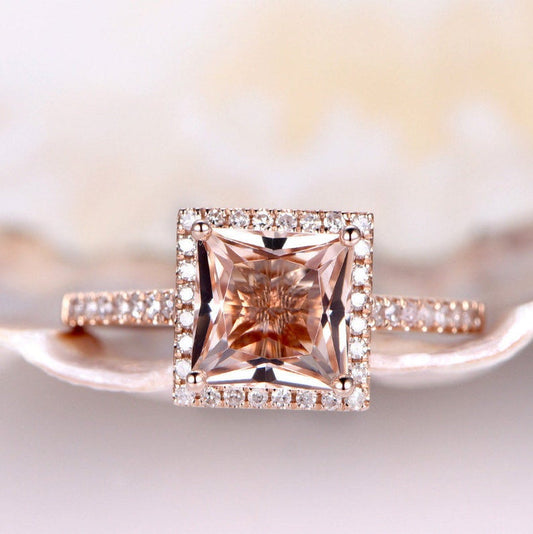 1 CT Princess Cut Morganite Diamond Rose Gold Over On 925 Sterling Silver Halo Engagement Ring