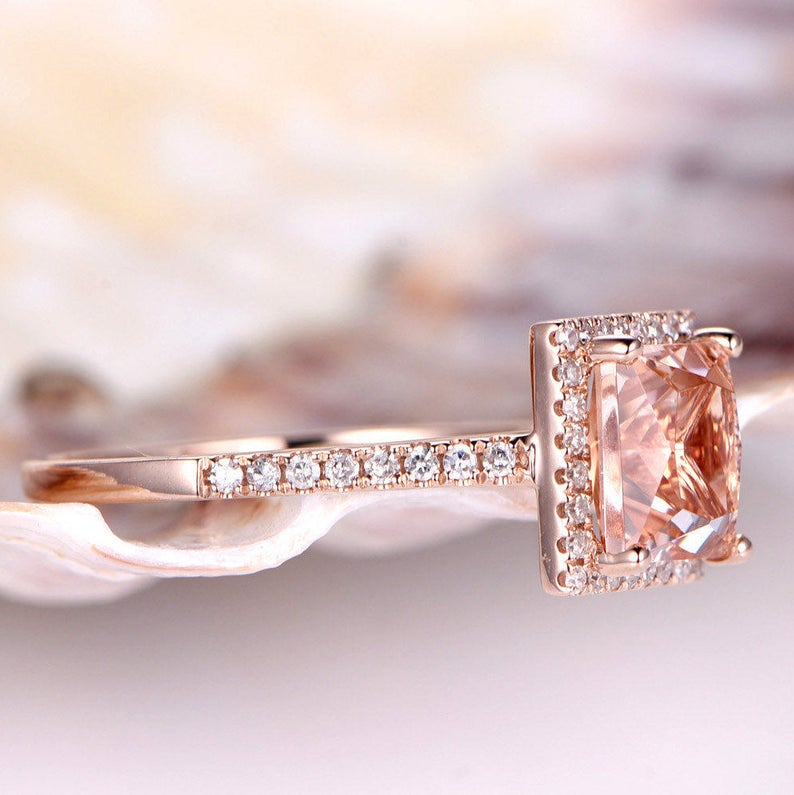 1 CT Princess Cut Morganite Diamond Rose Gold Over On 925 Sterling Silver Halo Engagement Ring
