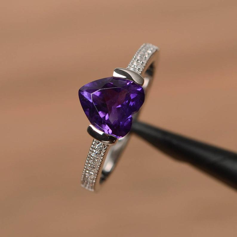 1.75 Ct Heart Cut Purple Amethyst Solitaire W/Accents Proposal Ring In 925 Sterling Silver