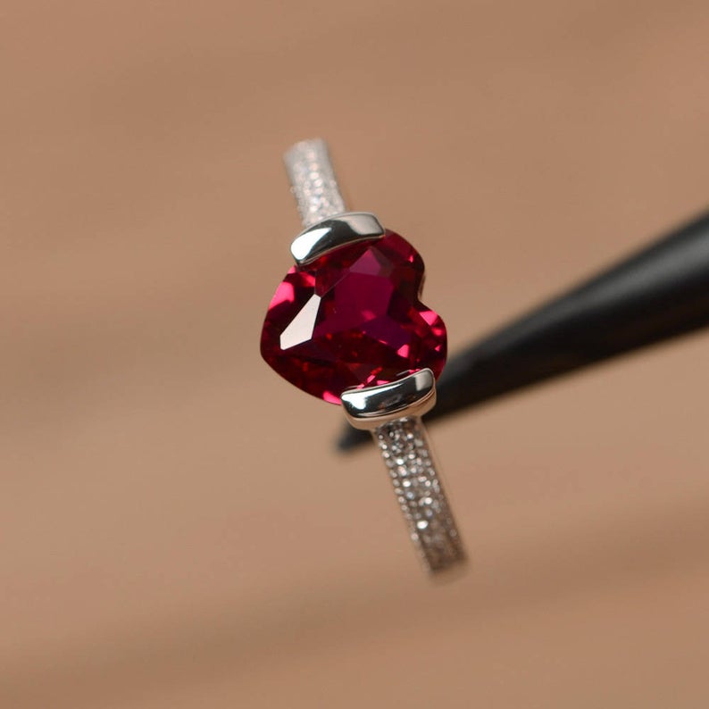 1.75 Ct Heart Shape Red Ruby Diamond Solitaire W/Accents Proposal Ring In 925 Sterling Silver