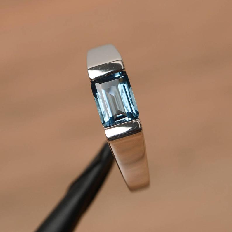 1.00 Ct Emerald Cut London Blue Topaz Solitaire Engagement Ring In 925 Sterling Silver