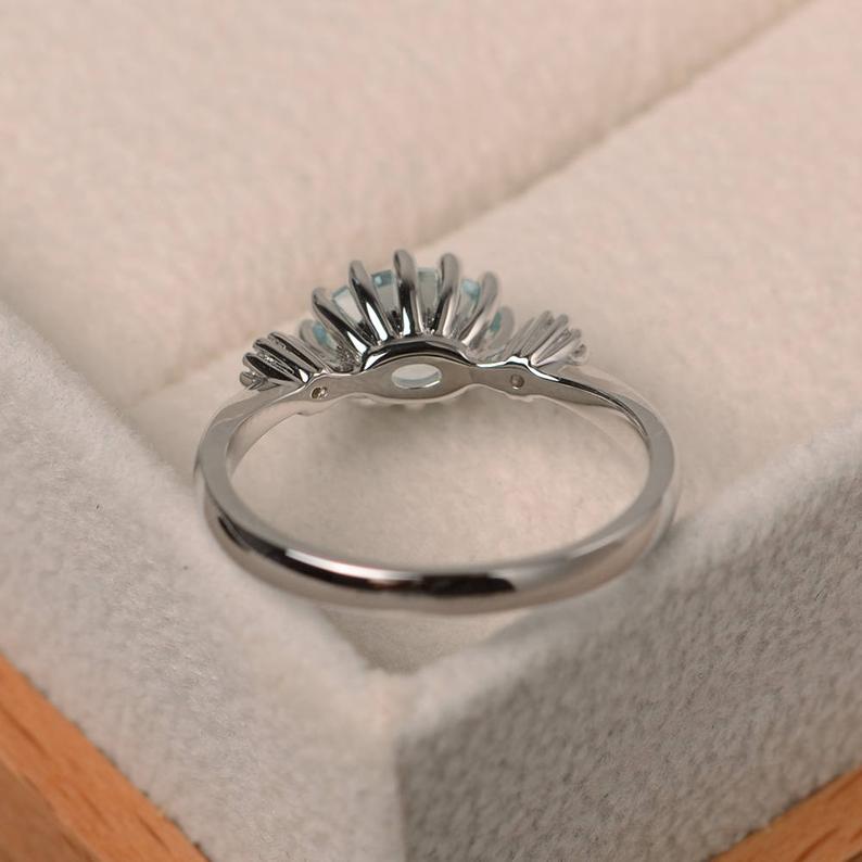 1.50 Ct Oval Cut Aquamarine & Round Cz Three-Stone Promise Ring In 925 Sterling Silver