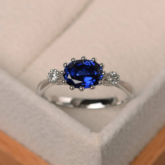 2 Ct Oval Cut Blue Sapphire & Round Cz Three-Stone Promise Ring In 925 Sterling Silver