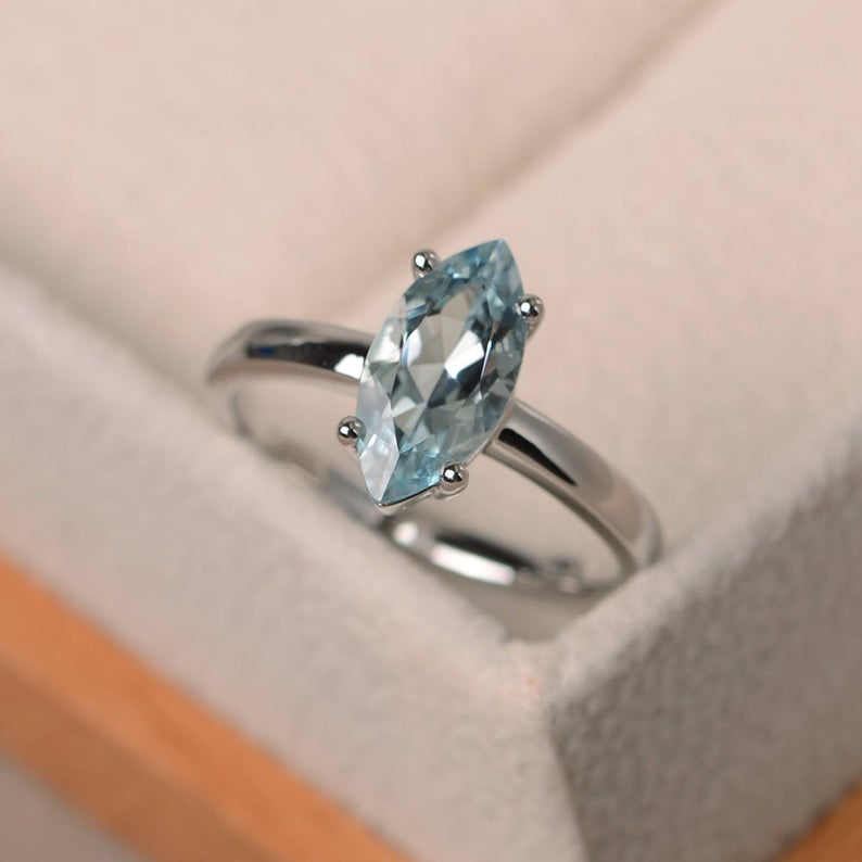 1.00 CT Marquise Cut Aquamarine 925 Sterling Silver Solitaire March Birthstone Ring
